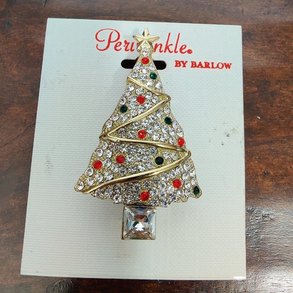 Periwinkle by Barlow Festive Christmas Tree Holiday Brooch Pin Rhinestones Gold